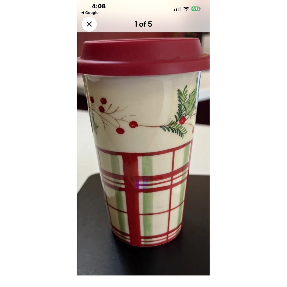 Lenox Holiday‎ Gatherings Porcelain Travel Mug Red Green Plaid Holly Berry Lid